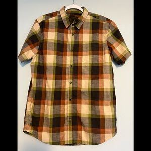 Prana Mens Brown And Green Button Up Short Sleeve